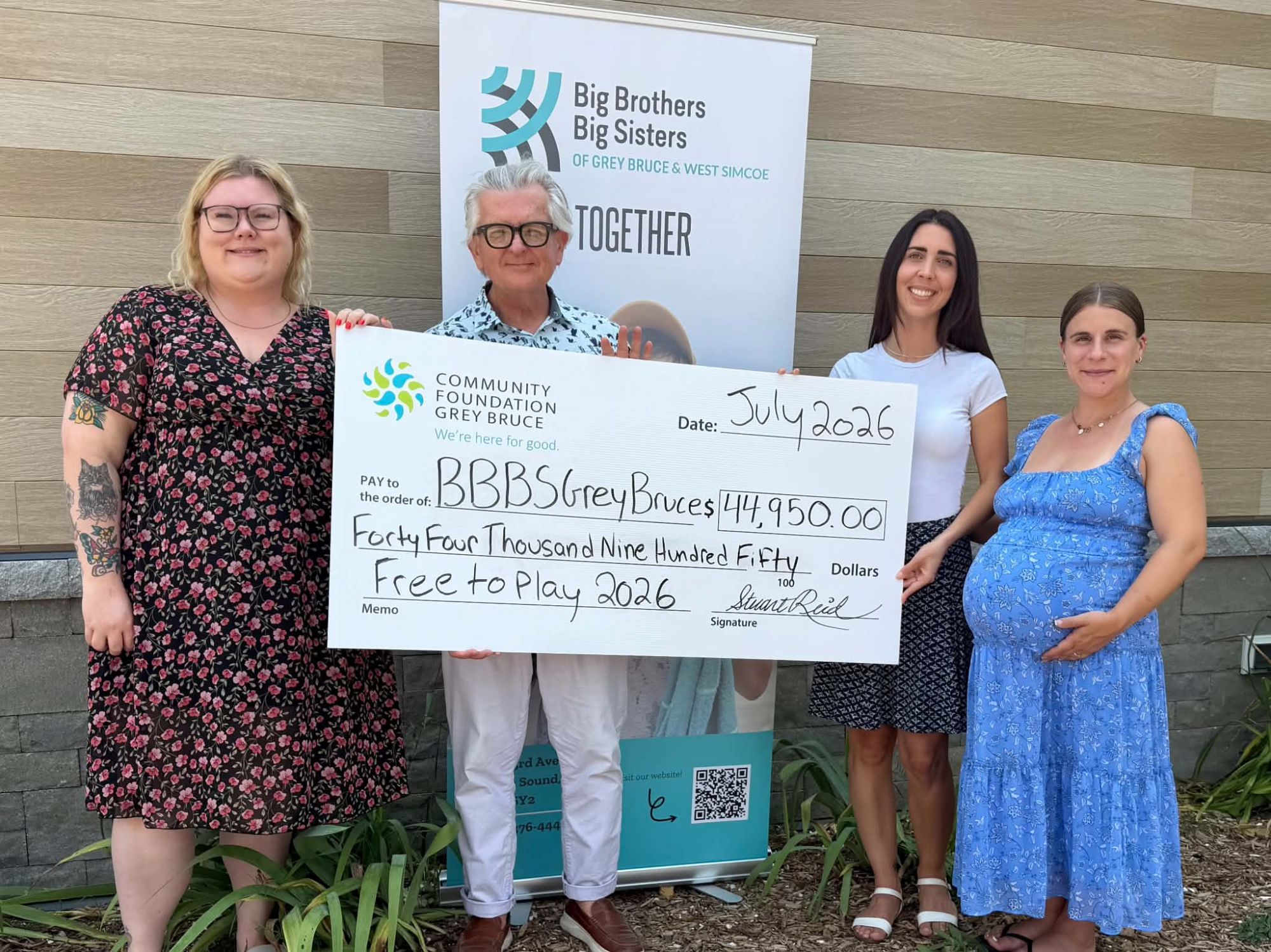 Pictured (left to right): Kristy Andre, Grants Coordinator, Community Foundation Grey Bruce; Stuart Reid, Executive Director, Community Foundation Grey Bruce; Beth Aubrey, Executive Director, Big Brothers Big Sisters of Grey Bruce and West Simcoe; an